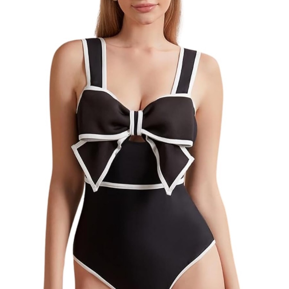 Elegant Black and White Bow One Piece Swimsuit